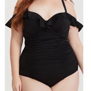 Black ruffle cold shoulder one piece swimsuit.